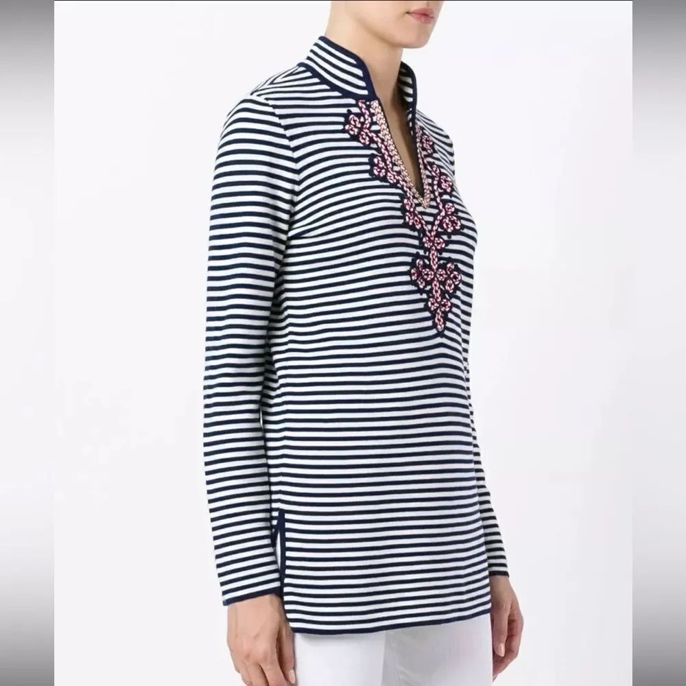 Tory Burch Katama Striped Knit Embellished Tunic Top